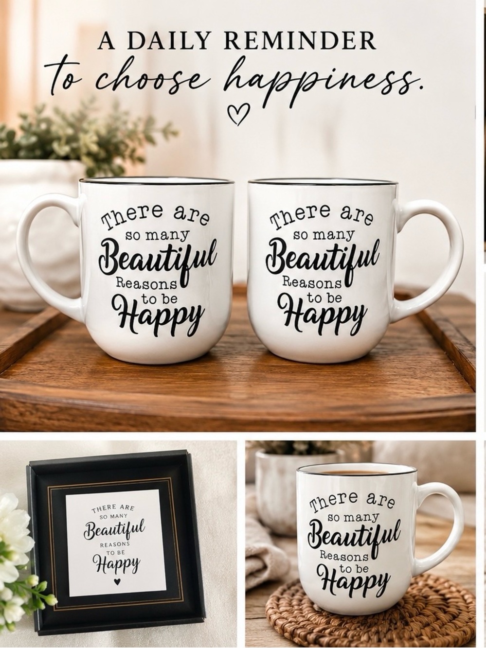 Boxed 2 Mug Set Inspirational Coffee Mug Positive Quote Ceramic 16 oz Gift Happy